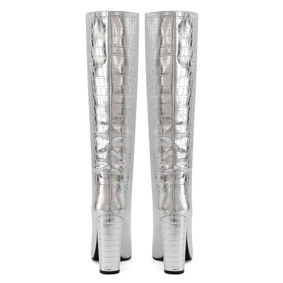 NEW Silver Knee High Croc Boots 4.33" Block Heel - Picture 2 of 9